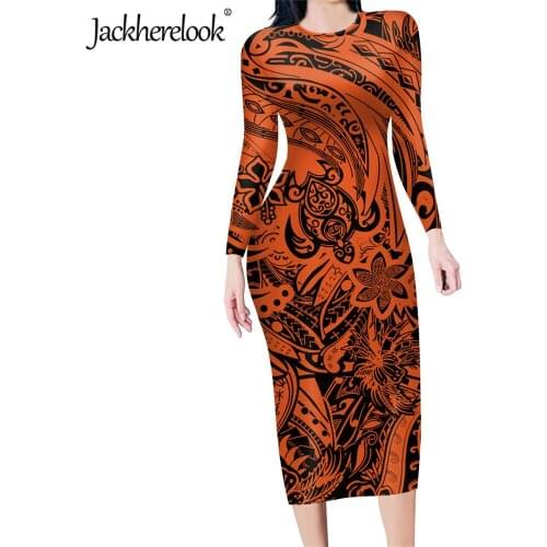 Jackherelook Vintage Samoan Floral Turtle Animal Print Bodycon Pencil Party Dresses for Women Long Sleeve Elegant Slim Dresses
