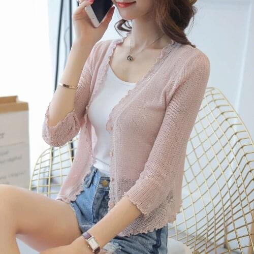 Short cardigan summer air conditioning unlined upper garment with a thin coat black fungus border bask in 23 (security)