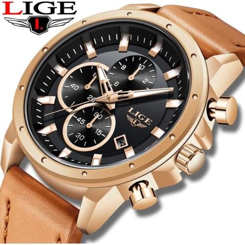 2019 Fashion gold Leather Clock LIGE Mens Watches Top brand Luxury Quartz Gold Watch For Men Waterproof Chronograph Reloj Hombre