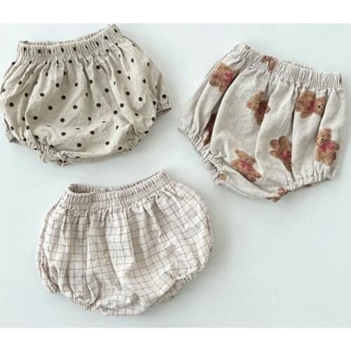 New Summer 2021 Baby Shorts Soft Breathable Vintage Linen Cotton Shorts Cute Dot /plaid/bear Pattern Printing Toddler Babys Bloo