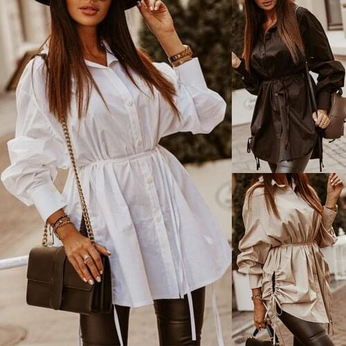 S-XL Womens Dress Fashion Casual England Style Mid-Length Solid Colour Shirt Dress With Lantern Sleeves Trendy Streetwear robe