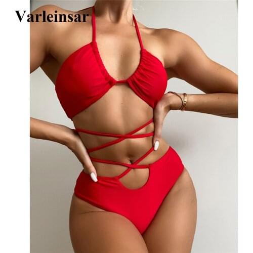 Sexy Wrap Around Halter Mid Waist Bikini Women Swimwear Female Swimsuit Two-pieces Bikini set Bather Bathing Suit Swim V3149