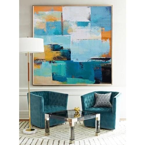 Color Blue hand-painted Oil Thick Paint Modern Fashion Minimalist Living Room Bedroom Entrance Background Painting Decorative Pa