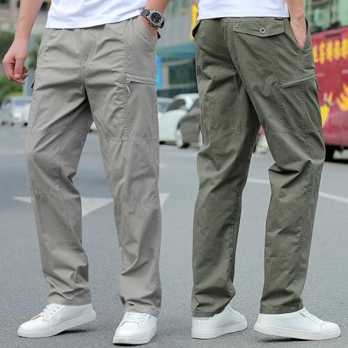 Outdoor Cotton Straight Multi-pocket Tactical Pants Breathable Wear-resistant Men Hiking Camping Fishing Climbing Thin Trousers