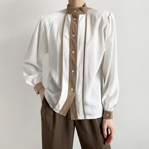 European American Stand Collar Stitching Contrast Color Commuting Temperament Shirt Women Spring New Long-Sleeved Thin Shirt