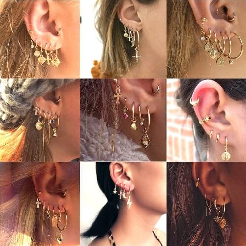 YC-UPGO New Boho Vintage Geometric Gold Drop Earrings For Women Crystal Earth Sun Cross Feather Chain Earring Set Female Jewelry