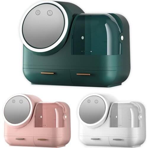 LED Light Mirror Cosmetic Storage Box Dustproof Makeup Organizer Desktop Beauty Storage Drawer 360 Rotating Mirror USB 2021 Hot