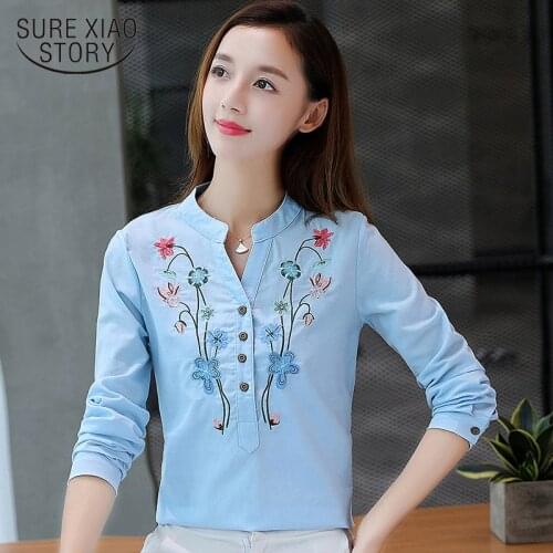 New arrived 2018 spring blouse women cotton shirt female long sleeved blouse fashion embroidered bottoming d391