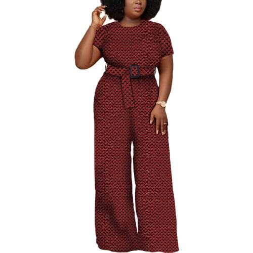 African Womens Cotton Printed Ankara Jumpsuits Short Sleeve Dress with Wide Leg Long Pants for Party v2129002