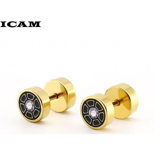 ICAM Trendy Round Stainless steel Stud Earrings Barbell Dumbbell Double Sided Piercing scrub for woman men Punk Ear Jewelry