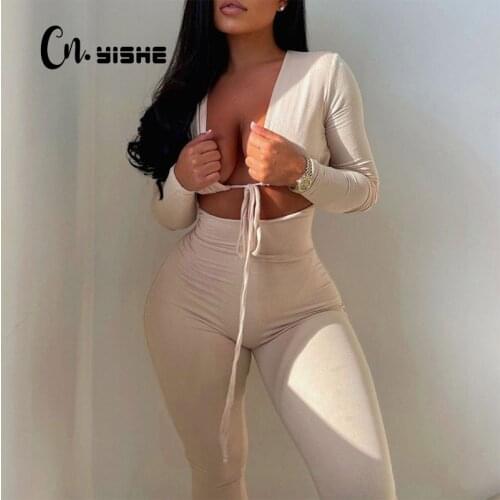 CNYISHE 2021 Summer Fall Long Sleeve Casual Bandage Jumpsuit Women Rompers Fashion Solid Lace Up Fitness Skinny Female Sexy Tops