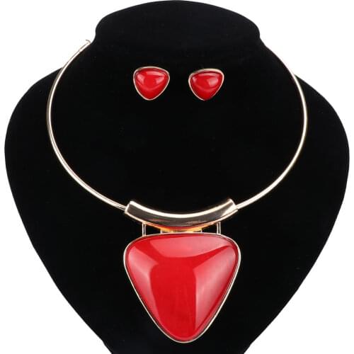 African Beads Jewelry Sets For Women Wedding Bridal Resin Gem Triangle Pendant Statement Necklace Earrings Accessories