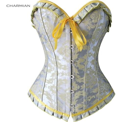 Charmian Womens Sexy Overbust Corset Jacquard Ruffles Floral Silver and Yellow Corsets and Bustiers Shapewear Corselet