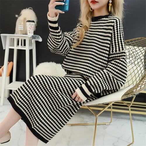 2021 Autumn Women Knitted Sweater Suits Striped Loose Sweater Top+ Bodycon Slim Midi Skirts Set Female Casual 2 Pieces Outfit