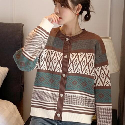 Harteen 2021 Female Korean Fashion Spring Autumn Loose Vintage Knitted All Match Cardigan Long Sleeve Womens Clothing Femme Top