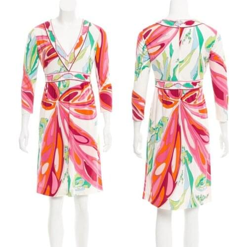 Womens new V collar seven point sleeve print stretch slim silk jersey dress