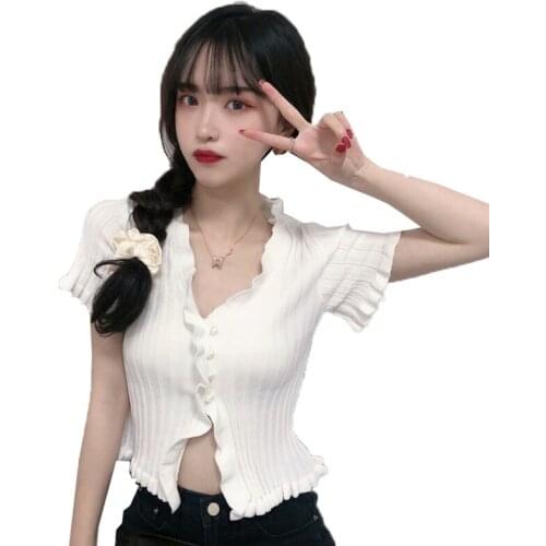 Fashion Womens Coat 2020 Summer New V-neck Single-breasted Short Sleeve Lotus Leaf Knitted Thin Short Jacket Cardigan Outerwear