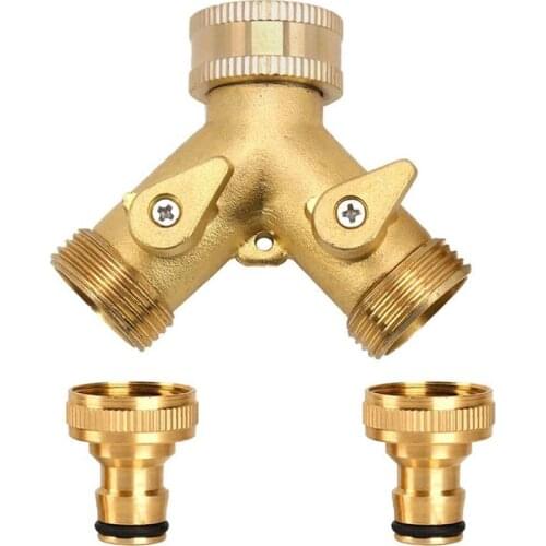 3/4 Inch 2 Way Hose Splitter Brass Y Valve Garden Tap Connector with 2 X3/4 Inch Brass Water Tap Outside Tap Kit