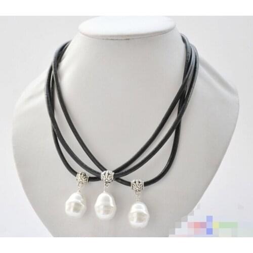 Beautiful wholesale 20mm white rice shell pearl pendant 17inch Leather Chain 3pcs