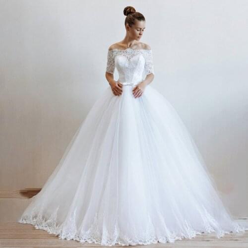 Off the Shoulder Half Sleeves Pure White Tulle Ball Gowns Wedding Dress Illusion Back Gown for Bridal vestido de novia princesa