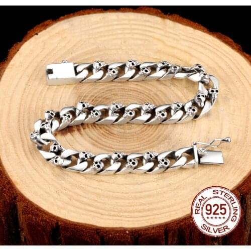 Genuine 925 Sterling Silver colour 8mm Skull Bracelet Link Chain Mens Bracelet Vintage Thai Silver color Punk Bracelets Jewelry
