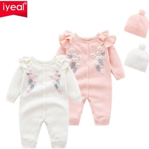 Princess Baby Rompers Knitted Jumpsuits With Hat Embroidery Flowers Newborn Girls Clothes Toddler Sweater Children Overalls