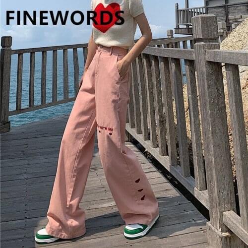 FINEWORDS Heart Embroidery Vintage Pink Jeans Women High Waist Korean Jeans Wide Leg Loose Kawaii Streetwear Casual Denim Pants