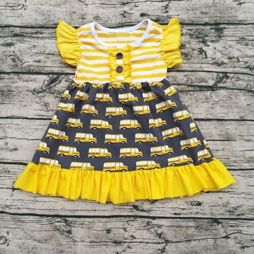 2018 Back to School 2-7years Old Girls Dress Clothes School Buy Clothing Car Printed Aqua Yellow Cotton Dress