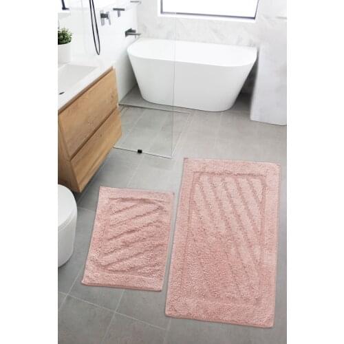 Cotton Bath Mat Pad 2'li Suit Cotton Classic Pink (60 X100)+(50 X60)
