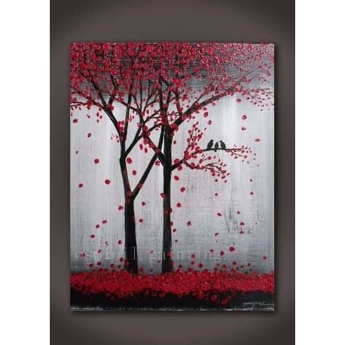 Top Skill Hand Painted Calligraphy Art Canvas Picture Handmade Abstract Wall Art Birds in the Red Flower Tree Knife Oil Painting