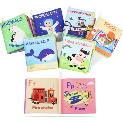 Baby Soft Cloth Book Fabrics Quiet Books Infant Animals Foods Early Learning Cloth Books Rustle Sound Educational Toys for Kids