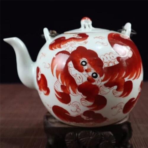 Collection Jingdezhen Porcelain Teapot Hand Painted Retro Auspicious Lucky Lion Teapot Home Decoration Gift