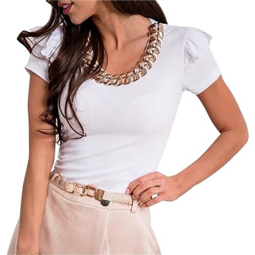 Fashion t shirt Womens t shirt Short-Sleeved U-Neck Chain Ruffle Sleeve Sleeve Top T-shirt Women ' s Tops camisetas de mujer