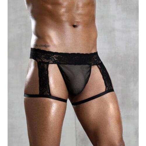 Mens Lace Gay sexy Erotic Hips Naked lingerie boxer Hot Black underwear