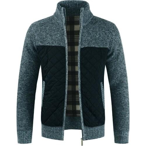 Mens Winter Fleece Sweatercoat Thick Patchwork Cardigan Sweater Muscle Fit Knitted Zipper Stand Collar Jackets Fashionable Male