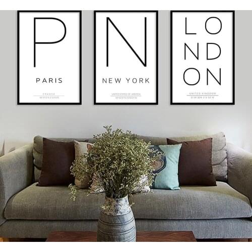 Wall Art Simple City English Letter Poster Paris New York London Latitude and Longitude Definition Pictures Cuadros Decoration