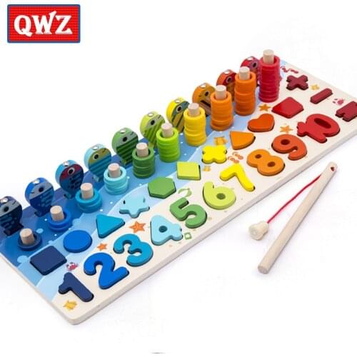 QWZ Montessori Educational Wooden Toys For kids Board Math Fishing Count Number Matching Digital Shape Match Early Education Toy
