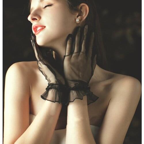 Blue Bridal Gowns Accessories Thin Mesh Finger Short Gloves Glamour Lady Party See Through Ruffled Edge Beige Pink Glove ST392