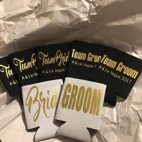 Personalize wedding team bride groom Drink Coolers, bridesmaid groomsmen proposal gifts Bachelorette Bottle Beer Can Holders