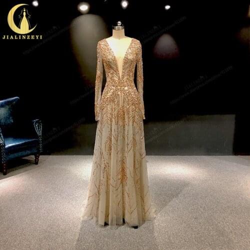 Rhine Real Zuhair Murad Long Sleeves Deep V Neck Sequins Luxurious vestidos de fiesta Evening Dress Long вечернее платье 2021