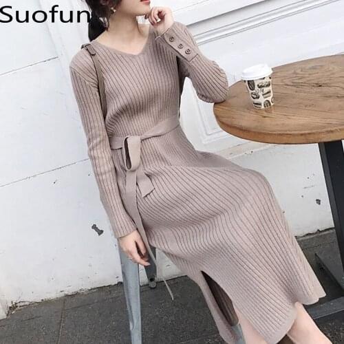 Suofun V-Neck Solid Office-Lady Korean 2021 Fashion Straight Sweater Autumn Dress Women Knitted Women High Waist Sweater Dress
