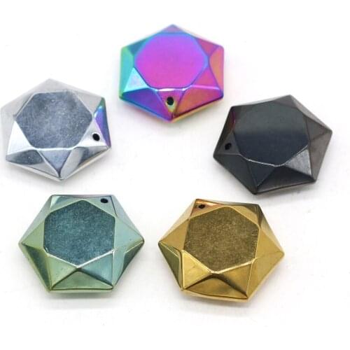 Hematite Color Plating Pendant Charms Hexagon Shape Natural Agates Stone Pendant for Making DIY Jewerly Necklace Gift 25x25mm
