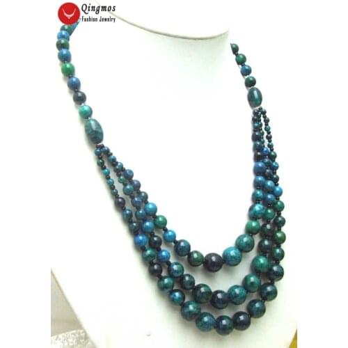 Qingmos 3 Strings Dark Green Natural Chrysocolla Necklace for Women with 4-12mm Round Chrysocolla Necklace Jewelry 20-22" ne5702