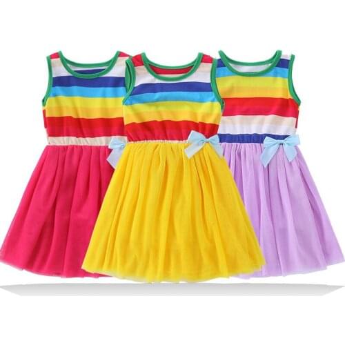 Rainbow Striped Dress for Childrens Clothes Baby Girl Princess Dresses Casual Mesh Print Dress Toddler Kids Dresses for Girls