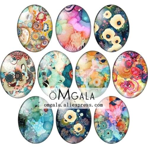 Colorful Sea Flowers Texture Patterns 10pcs 13x18mm/18x25mm/30x40mm Oval photo glass cabochon demo flat back Making findings