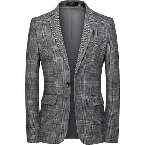 Grey Plaid Suit Jacket Blazer Notch Lapel Single Breasted One Button Spring Autumn Regular Fit Casual Bussiness Costumes Tuxedos