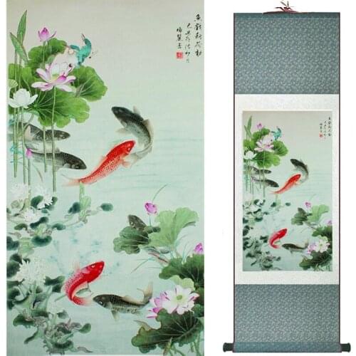 Fish painting Silk scroll paintings traditional art Chinese painting Fish picture Printed painting20190813015