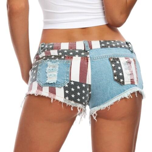 Nightclub Beach Mini Tassels Party Shorts Sexy Low Rise Jeans Shorts Women USA Flag Printed Denim Shorts Skinny Hole Hot Pants