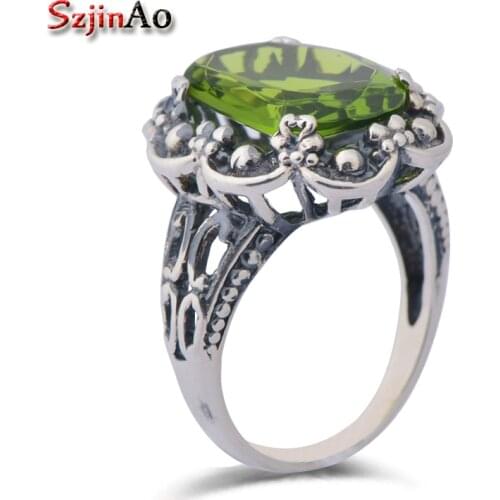 Szjhinao wholesale Edwardian sterling silver jewelry peridot olive carving ring Fine jewelry bague argent 925 femme