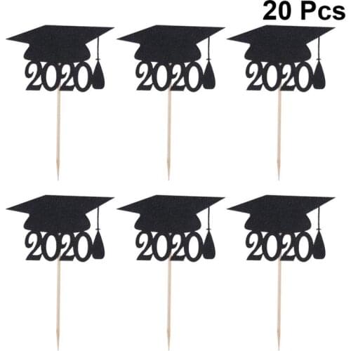 20pcs 2020 Graduation Cupcake Toppers Tassel Doctoral Hat Fruit Insert Paper Cake Decorating Fruit Picks Graduation Party Favors